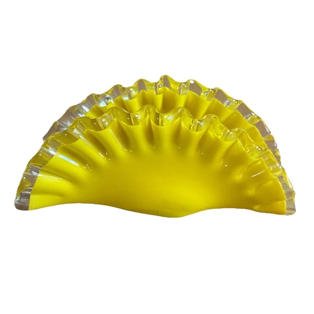 Art Glass Fan‎ Shape Napkin Letter Holder Yellow Ruffled Crimped 7x3